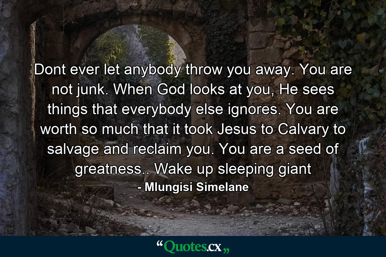 Dont ever let anybody throw you away. You are not junk. When God looks at you, He sees things that everybody else ignores. You are worth so much that it took Jesus to Calvary to salvage and reclaim you. You are a seed of greatness.. Wake up sleeping giant - Quote by Mlungisi Simelane