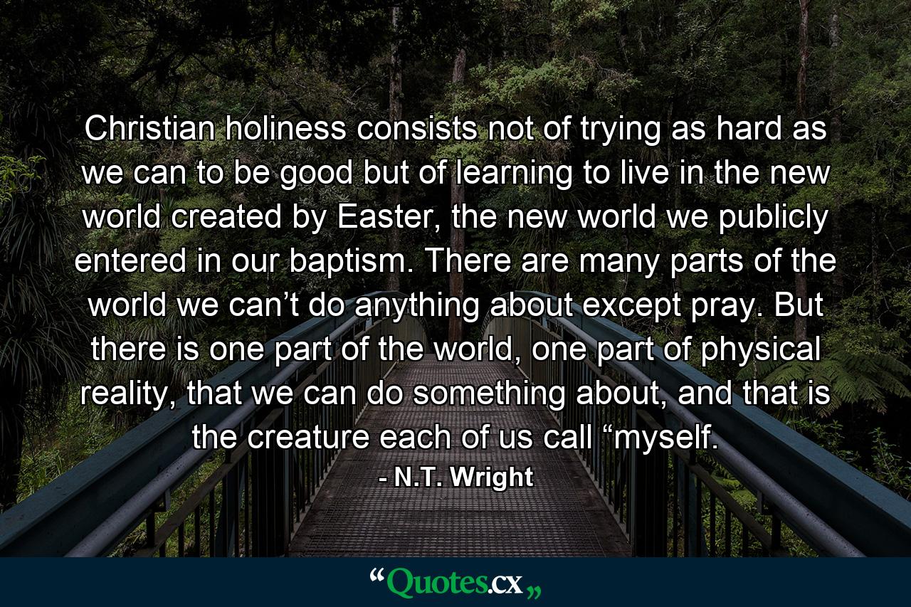 Christian holiness consists not of trying as hard as we can to be good but of learning to live in the new world created by Easter, the new world we publicly entered in our baptism. There are many parts of the world we can’t do anything about except pray. But there is one part of the world, one part of physical reality, that we can do something about, and that is the creature each of us call “myself. - Quote by N.T. Wright