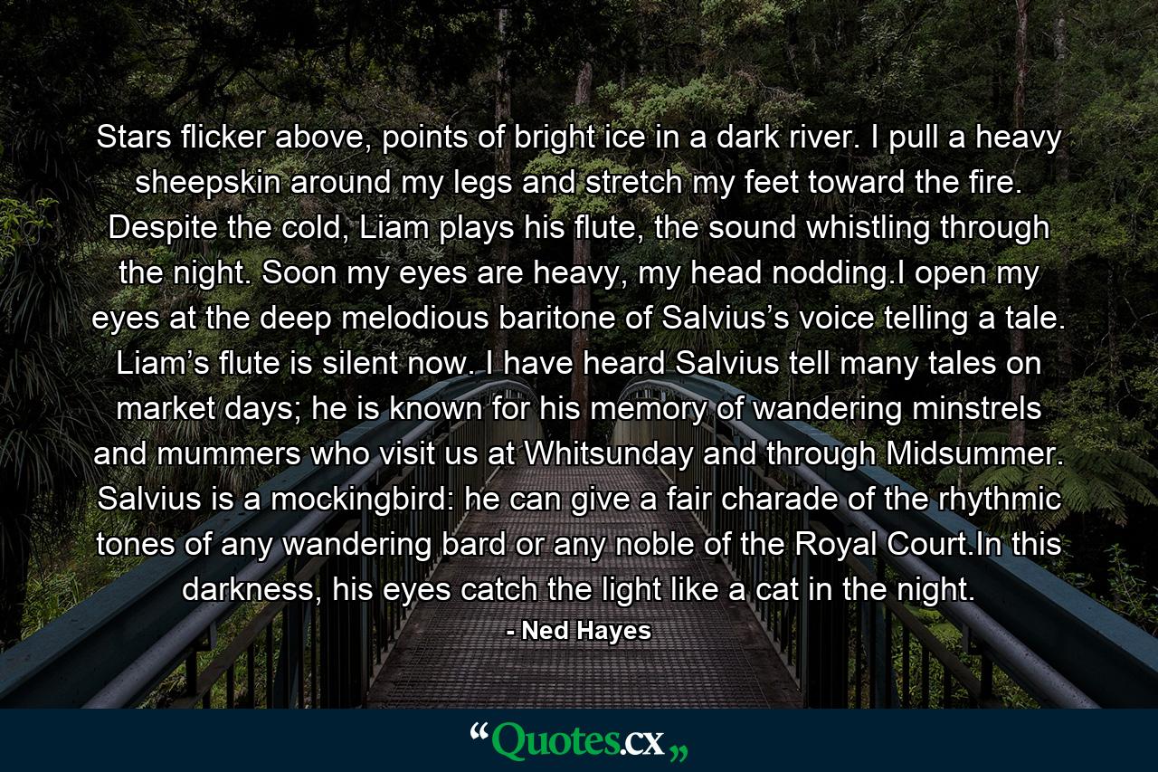 Stars flicker above, points of bright ice in a dark river. I pull a heavy sheepskin around my legs and stretch my feet toward the fire. Despite the cold, Liam plays his flute, the sound whistling through the night. Soon my eyes are heavy, my head nodding.I open my eyes at the deep melodious baritone of Salvius’s voice telling a tale. Liam’s flute is silent now. I have heard Salvius tell many tales on market days; he is known for his memory of wandering minstrels and mummers who visit us at Whitsunday and through Midsummer. Salvius is a mockingbird: he can give a fair charade of the rhythmic tones of any wandering bard or any noble of the Royal Court.In this darkness, his eyes catch the light like a cat in the night. - Quote by Ned Hayes