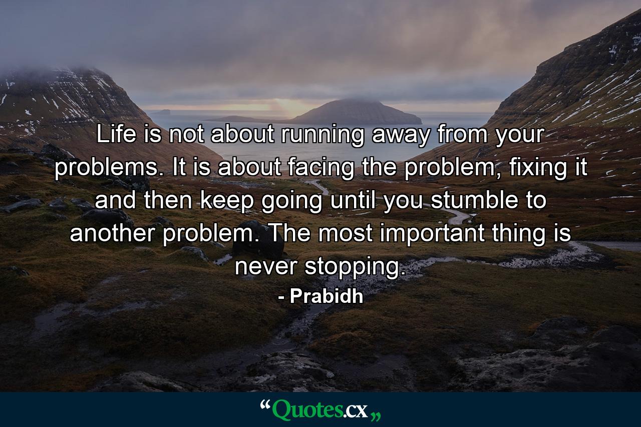 Life is not about running away from your problems. It is about facing the problem, fixing it and then keep going until you stumble to another problem. The most important thing is never stopping. - Quote by Prabidh