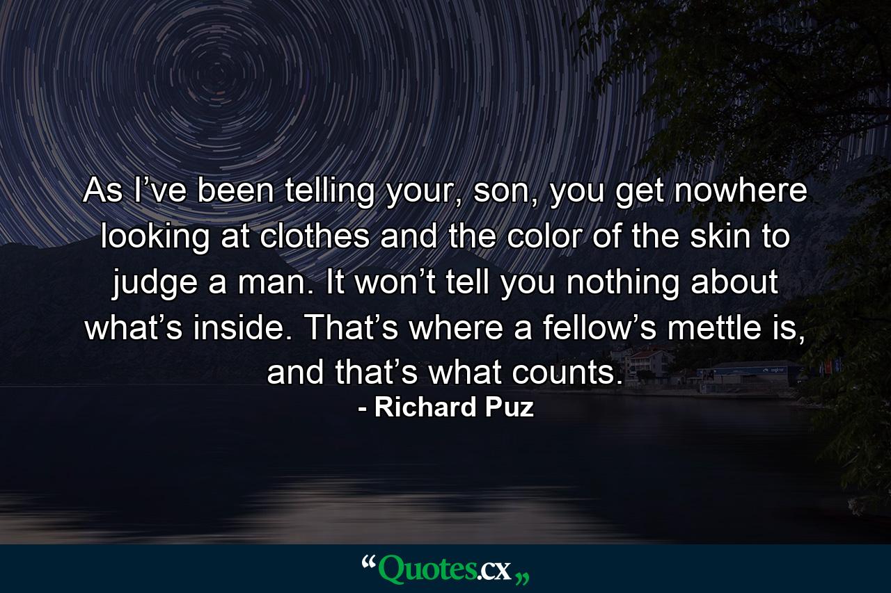 As I’ve been telling your, son, you get nowhere looking at clothes and the color of the skin to judge a man. It won’t tell you nothing about what’s inside. That’s where a fellow’s mettle is, and that’s what counts. - Quote by Richard Puz