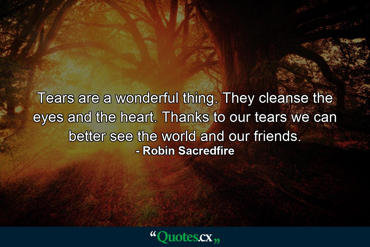 Tears are a wonderful thing. They cleanse the eyes and the heart. Thanks to our tears we can better see the world and our friends. - Quote by Robin Sacredfire