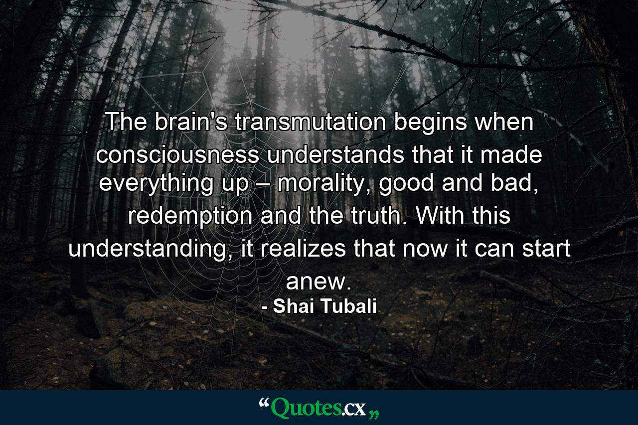 The brain's transmutation begins when consciousness understands that it made everything up – morality, good and bad, redemption and the truth. With this understanding, it realizes that now it can start anew. - Quote by Shai Tubali