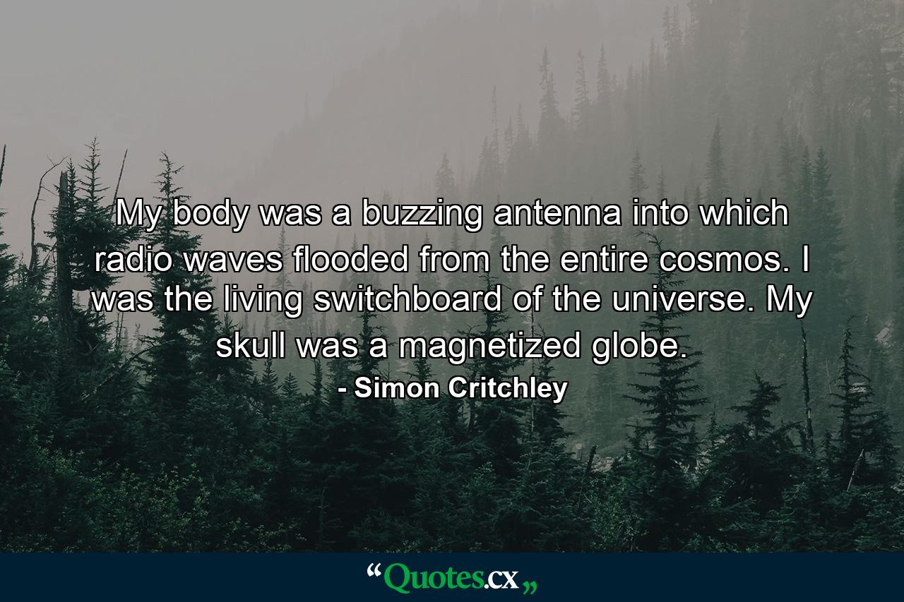 My body was a buzzing antenna into which radio waves flooded from the entire cosmos. I was the living switchboard of the universe. My skull was a magnetized globe. - Quote by Simon Critchley