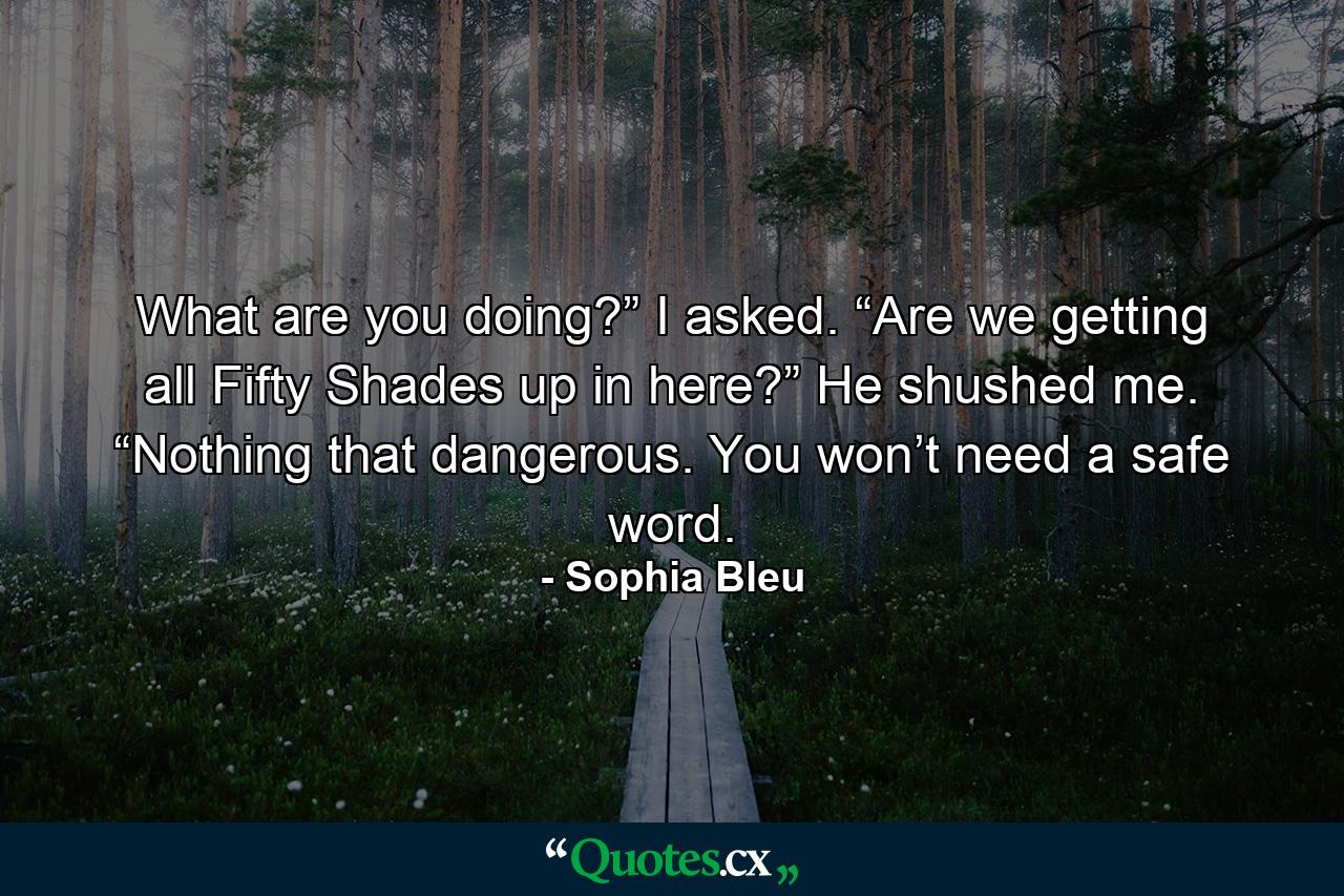 What are you doing?” I asked. “Are we getting all Fifty Shades up in here?” He shushed me. “Nothing that dangerous. You won’t need a safe word. - Quote by Sophia Bleu