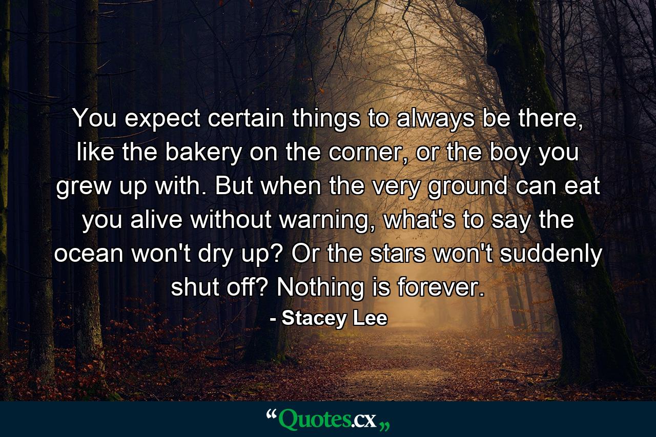 You expect certain things to always be there, like the bakery on the corner, or the boy you grew up with. But when the very ground can eat you alive without warning, what's to say the ocean won't dry up? Or the stars won't suddenly shut off? Nothing is forever. - Quote by Stacey Lee