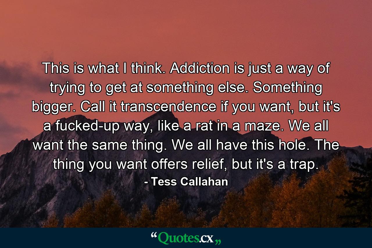 This is what I think. Addiction is just a way of trying to get at something else. Something bigger. Call it transcendence if you want, but it's a fucked-up way, like a rat in a maze. We all want the same thing. We all have this hole. The thing you want offers relief, but it's a trap. - Quote by Tess Callahan