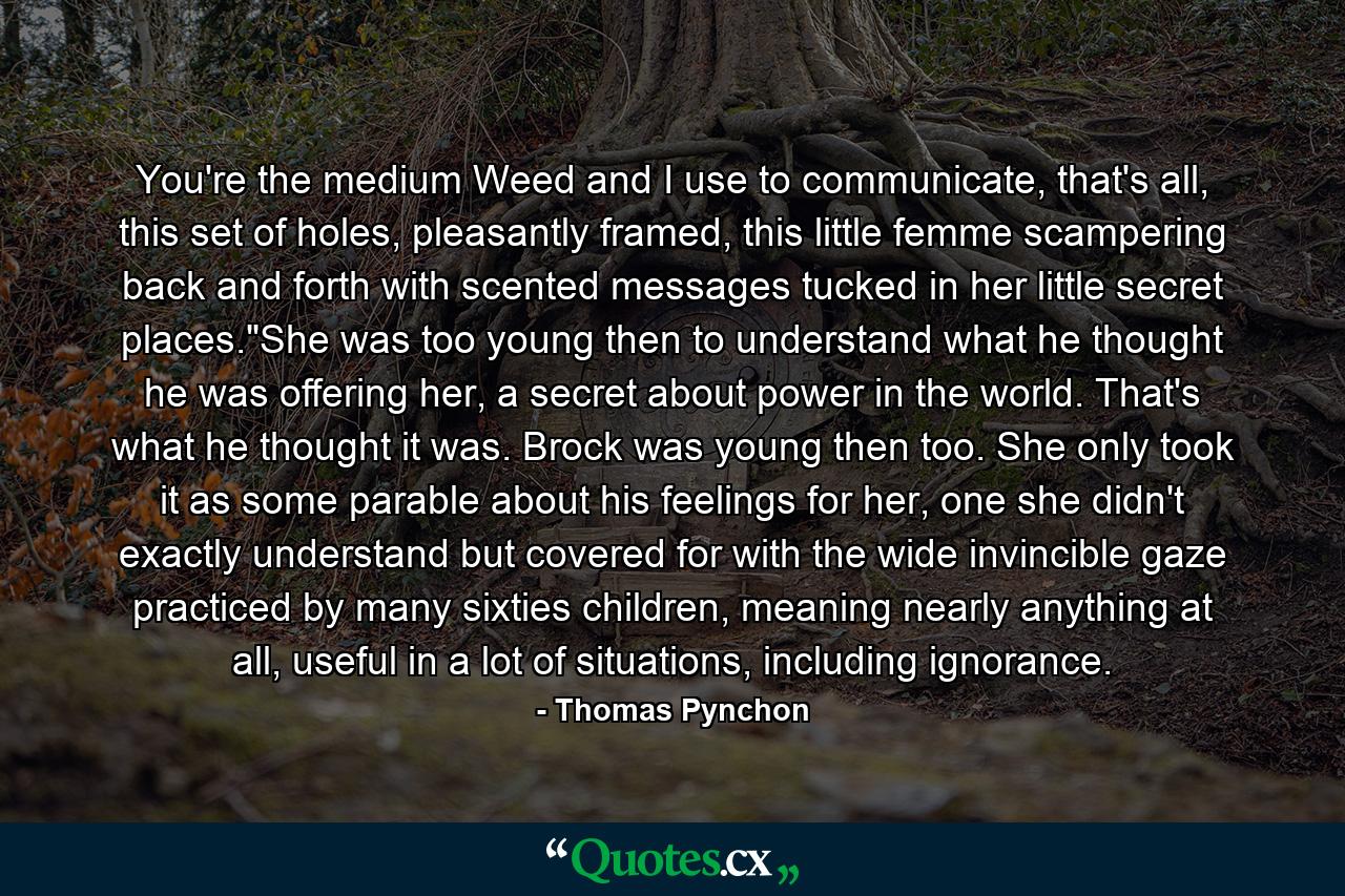 You're the medium Weed and I use to communicate, that's all, this set of holes, pleasantly framed, this little femme scampering back and forth with scented messages tucked in her little secret places.