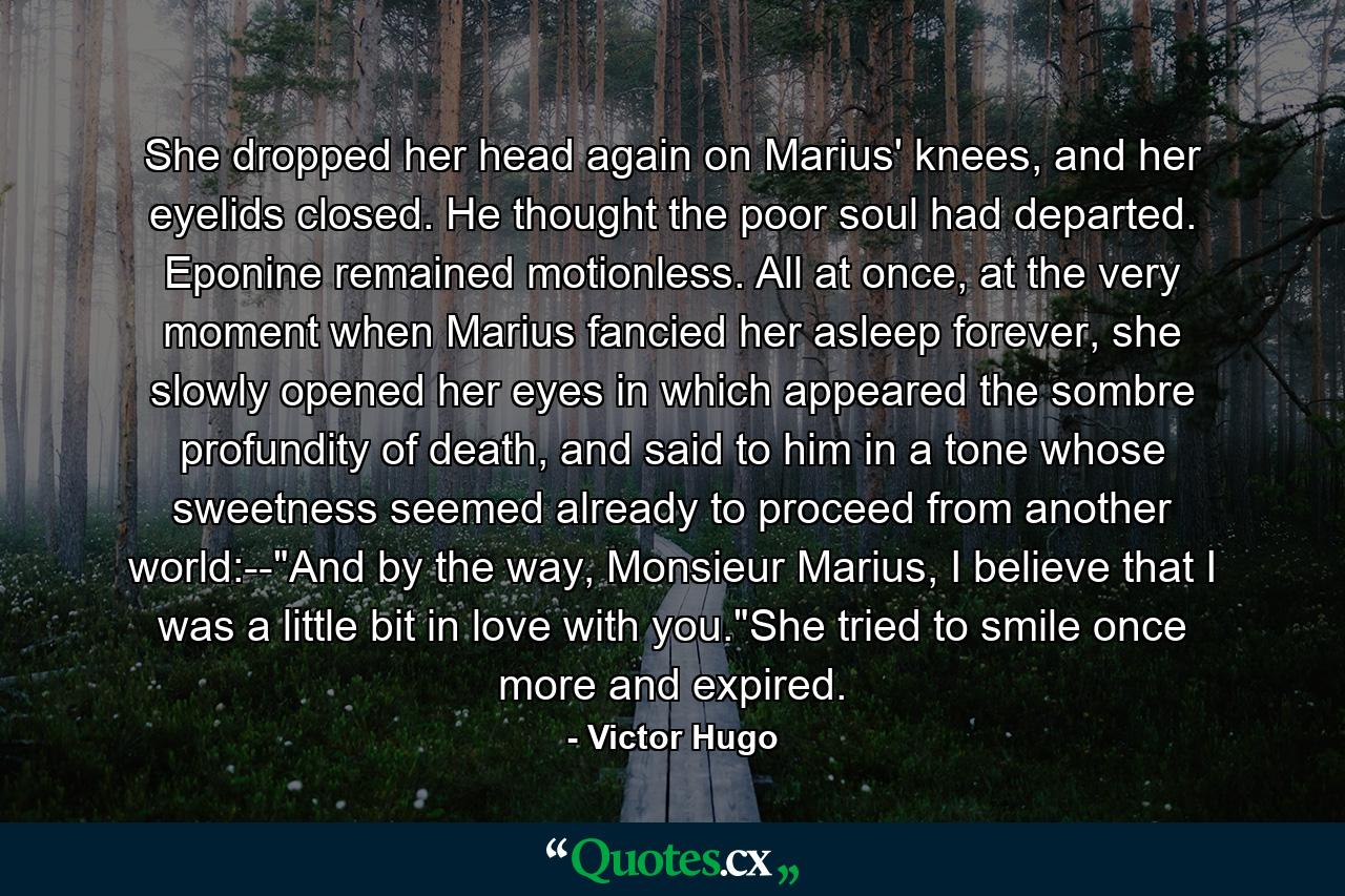 She dropped her head again on Marius' knees, and her eyelids closed. He thought the poor soul had departed. Eponine remained motionless. All at once, at the very moment when Marius fancied her asleep forever, she slowly opened her eyes in which appeared the sombre profundity of death, and said to him in a tone whose sweetness seemed already to proceed from another world:--