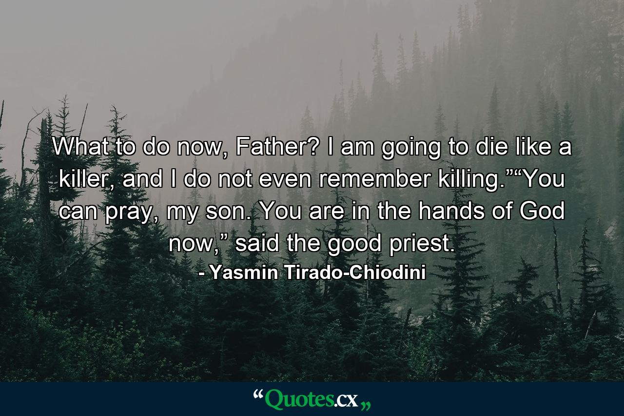 What to do now, Father? I am going to die like a killer, and I do not even remember killing.”“You can pray, my son. You are in the hands of God now,” said the good priest. - Quote by Yasmin Tirado-Chiodini