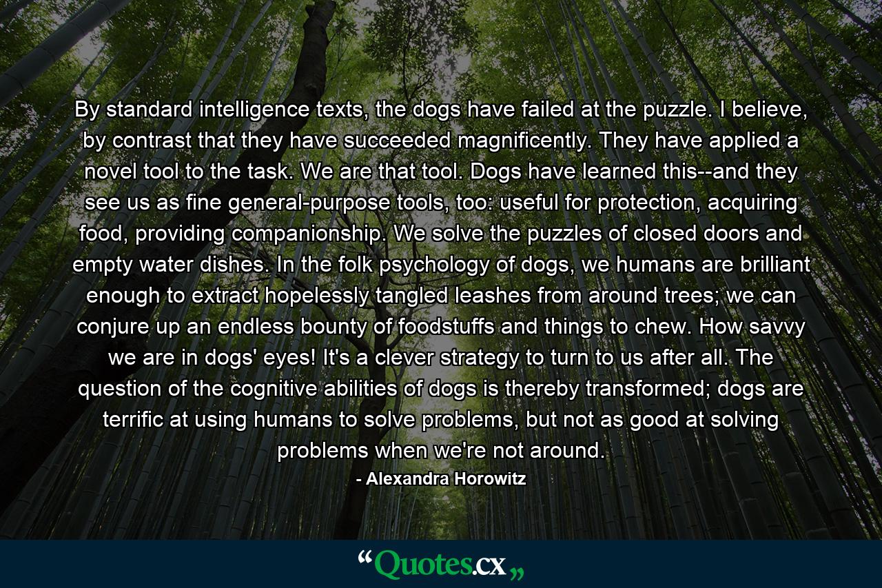 By standard intelligence texts, the dogs have failed at the puzzle. I believe, by contrast that they have succeeded magnificently. They have applied a novel tool to the task. We are that tool. Dogs have learned this--and they see us as fine general-purpose tools, too: useful for protection, acquiring food, providing companionship. We solve the puzzles of closed doors and empty water dishes. In the folk psychology of dogs, we humans are brilliant enough to extract hopelessly tangled leashes from around trees; we can conjure up an endless bounty of foodstuffs and things to chew. How savvy we are in dogs' eyes! It's a clever strategy to turn to us after all. The question of the cognitive abilities of dogs is thereby transformed; dogs are terrific at using humans to solve problems, but not as good at solving problems when we're not around. - Quote by Alexandra Horowitz