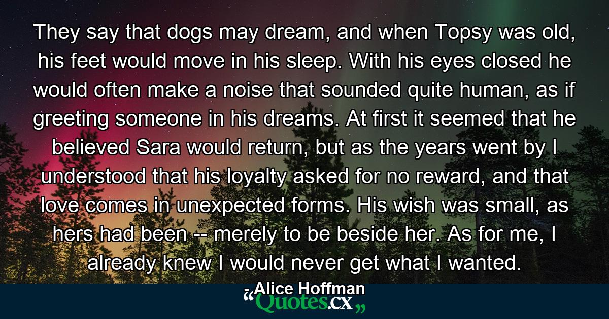 They say that dogs may dream, and when Topsy was old, his feet would move in his sleep. With his eyes closed he would often make a noise that sounded quite human, as if greeting someone in his dreams. At first it seemed that he believed Sara would return, but as the years went by I understood that his loyalty asked for no reward, and that love comes in unexpected forms. His wish was small, as hers had been -- merely to be beside her. As for me, I already knew I would never get what I wanted. - Quote by Alice Hoffman