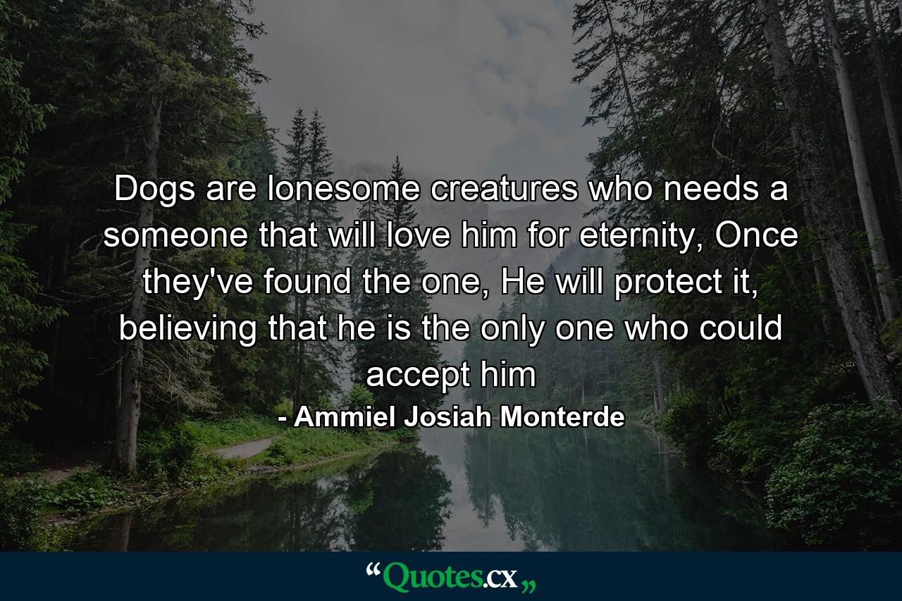 Dogs are lonesome creatures who needs a someone that will love him for eternity, Once they've found the one, He will protect it, believing that he is the only one who could accept him - Quote by Ammiel Josiah Monterde