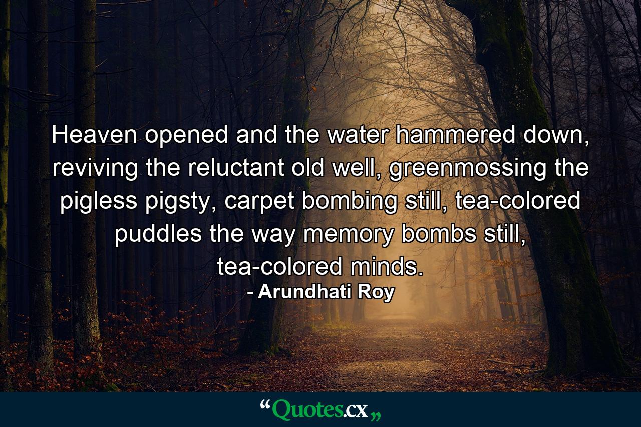 Heaven opened and the water hammered down, reviving the reluctant old well, greenmossing the pigless pigsty, carpet bombing still, tea-colored puddles the way memory bombs still, tea-colored minds. - Quote by Arundhati Roy