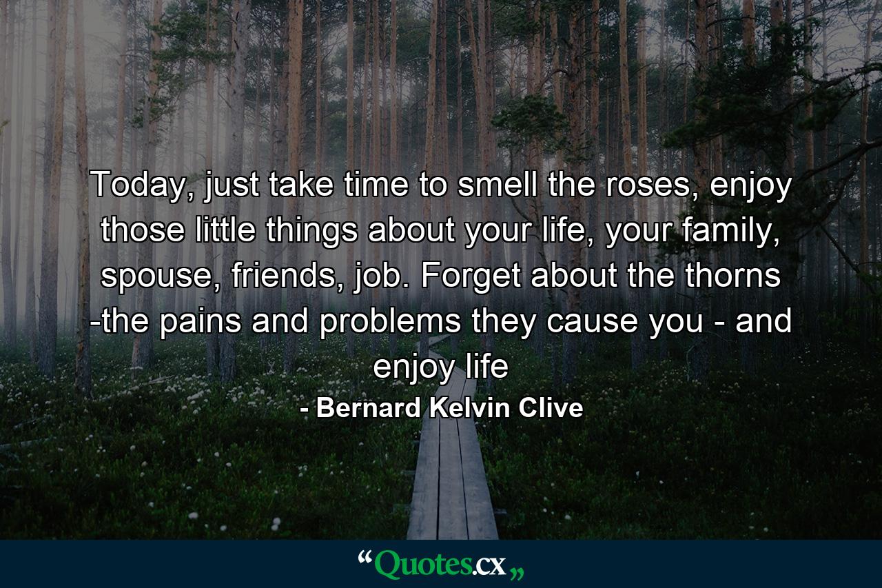 Today, just take time to smell the roses, enjoy those little things about your life, your family, spouse, friends, job. Forget about the thorns -the pains and problems they cause you - and enjoy life - Quote by Bernard Kelvin Clive