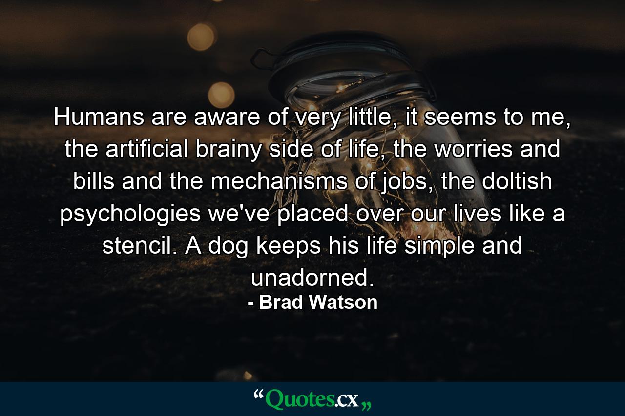 Humans are aware of very little, it seems to me, the artificial brainy side of life, the worries and bills and the mechanisms of jobs, the doltish psychologies we've placed over our lives like a stencil. A dog keeps his life simple and unadorned. - Quote by Brad Watson