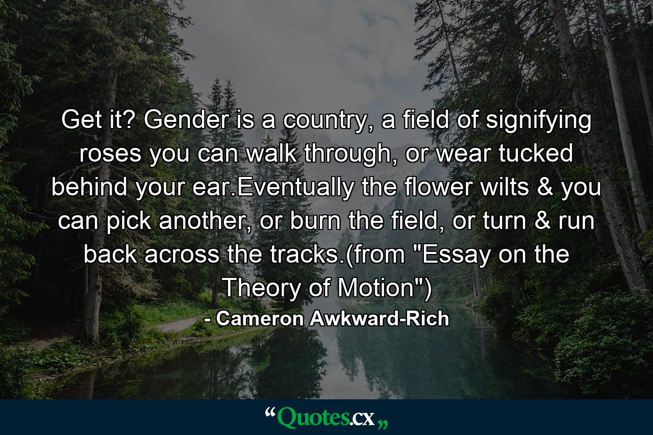 Get it? Gender is a country, a field of signifying roses you can walk through, or wear tucked behind your ear.Eventually the flower wilts & you can pick another, or burn the field, or turn & run back across the tracks.(from 