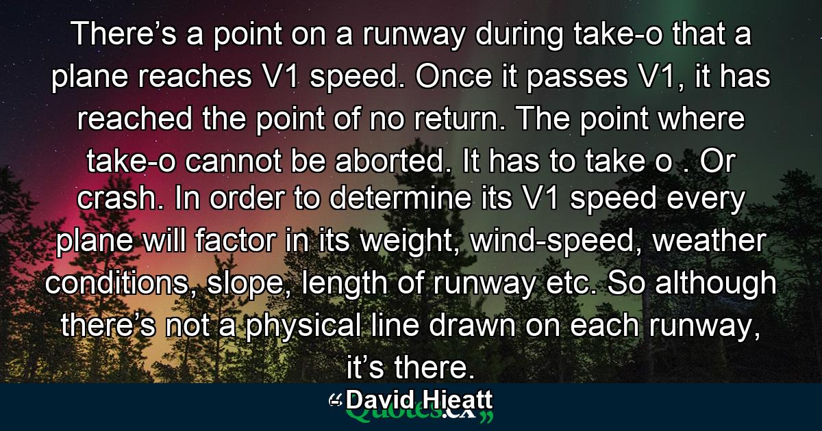 There’s a point on a runway during take-o that a plane reaches V1 speed. Once it passes V1, it has reached the point of no return. The point where take-o cannot be aborted. It has to take o . Or crash. In order to determine its V1 speed every plane will factor in its weight, wind-speed, weather conditions, slope, length of runway etc. So although there’s not a physical line drawn on each runway, it’s there. - Quote by David Hieatt