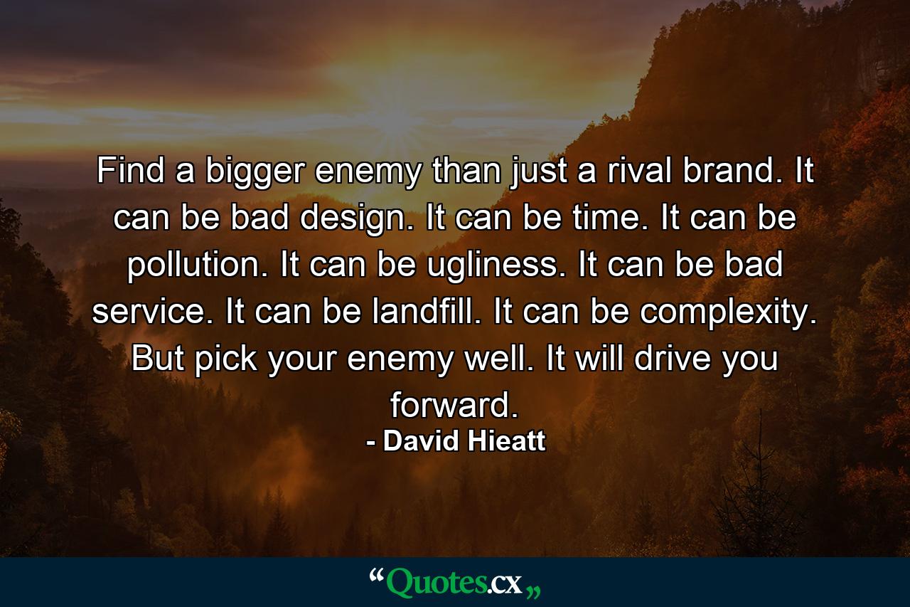 Find a bigger enemy than just a rival brand. It can be bad design. It can be time. It can be pollution. It can be ugliness. It can be bad service. It can be landfill. It can be complexity. But pick your enemy well. It will drive you forward. - Quote by David Hieatt