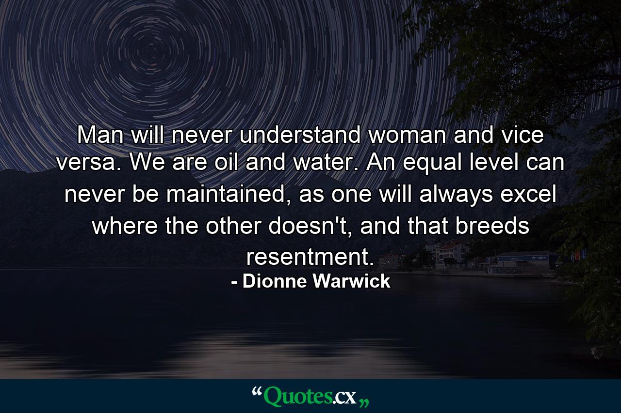 Man will never understand woman and vice versa. We are oil and water. An equal level can never be maintained, as one will always excel where the other doesn't, and that breeds resentment. - Quote by Dionne Warwick