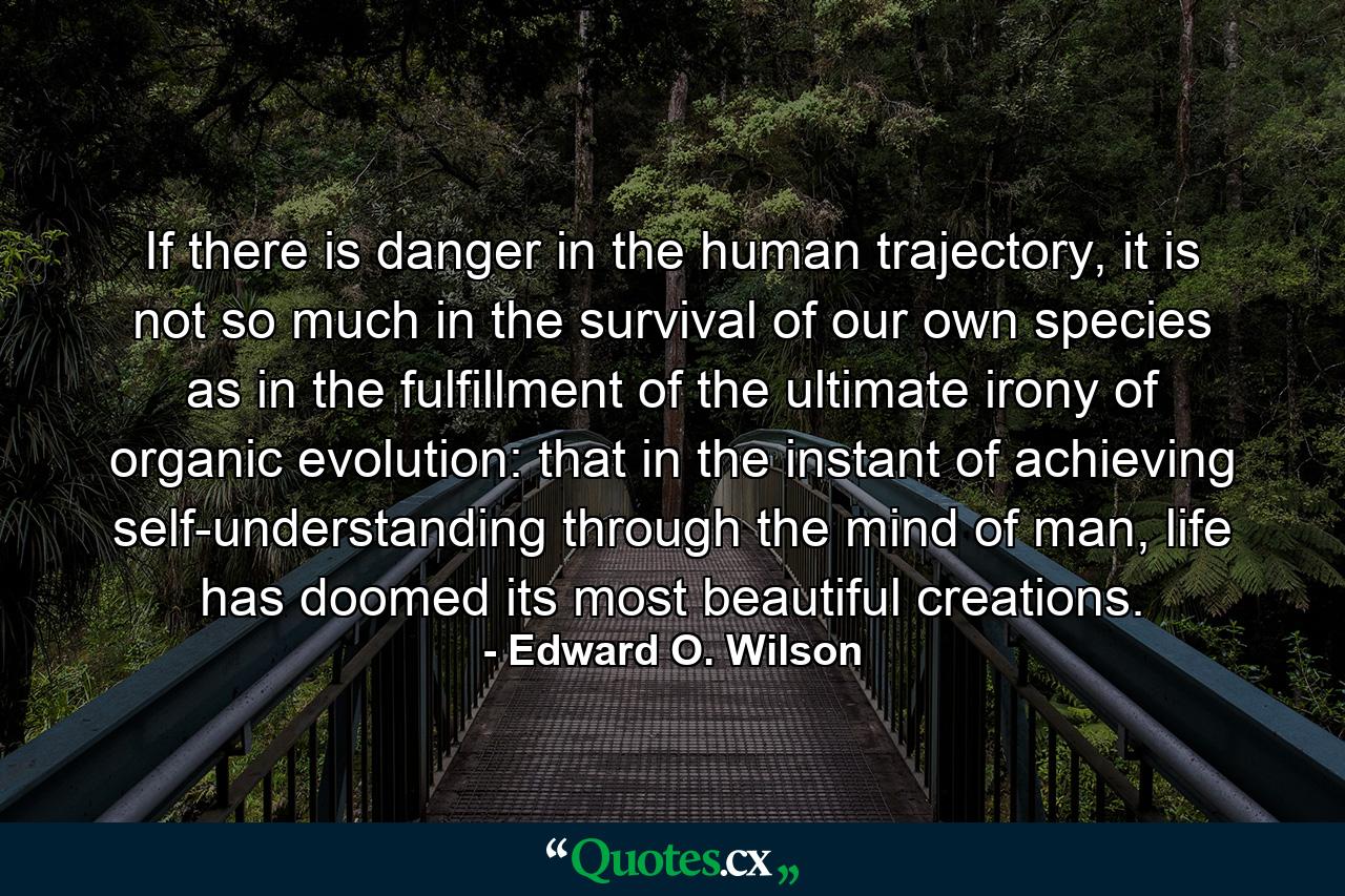 If there is danger in the human trajectory, it is not so much in the survival of our own species as in the fulfillment of the ultimate irony of organic evolution: that in the instant of achieving self-understanding through the mind of man, life has doomed its most beautiful creations. - Quote by Edward O. Wilson