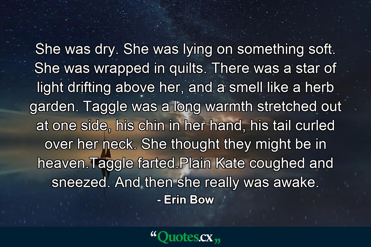 She was dry. She was lying on something soft. She was wrapped in quilts. There was a star of light drifting above her, and a smell like a herb garden. Taggle was a long warmth stretched out at one side, his chin in her hand, his tail curled over her neck. She thought they might be in heaven.Taggle farted.Plain Kate coughed and sneezed. And then she really was awake. - Quote by Erin Bow