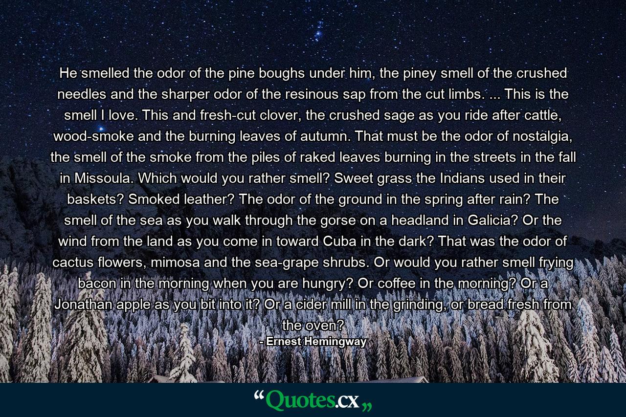 He smelled the odor of the pine boughs under him, the piney smell of the crushed needles and the sharper odor of the resinous sap from the cut limbs. ... This is the smell I love. This and fresh-cut clover, the crushed sage as you ride after cattle, wood-smoke and the burning leaves of autumn. That must be the odor of nostalgia, the smell of the smoke from the piles of raked leaves burning in the streets in the fall in Missoula. Which would you rather smell? Sweet grass the Indians used in their baskets? Smoked leather? The odor of the ground in the spring after rain? The smell of the sea as you walk through the gorse on a headland in Galicia? Or the wind from the land as you come in toward Cuba in the dark? That was the odor of cactus flowers, mimosa and the sea-grape shrubs. Or would you rather smell frying bacon in the morning when you are hungry? Or coffee in the morning? Or a Jonathan apple as you bit into it? Or a cider mill in the grinding, or bread fresh from the oven? - Quote by Ernest Hemingway