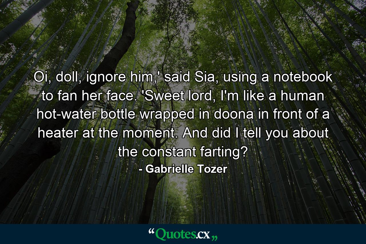 Oi, doll, ignore him,' said Sia, using a notebook to fan her face. 'Sweet lord, I'm like a human hot-water bottle wrapped in doona in front of a heater at the moment. And did I tell you about the constant farting? - Quote by Gabrielle Tozer