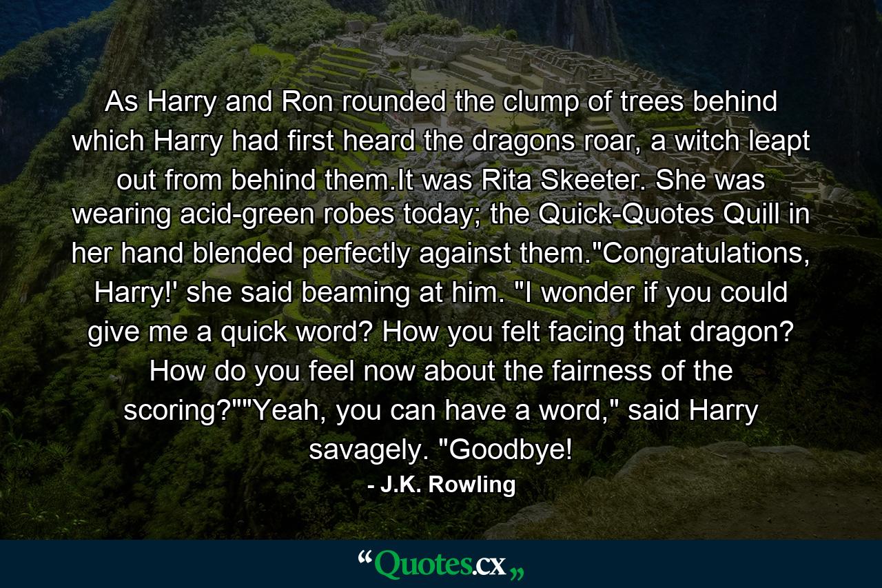 As Harry and Ron rounded the clump of trees behind which Harry had first heard the dragons roar, a witch leapt out from behind them.It was Rita Skeeter. She was wearing acid-green robes today; the Quick-Quotes Quill in her hand blended perfectly against them.