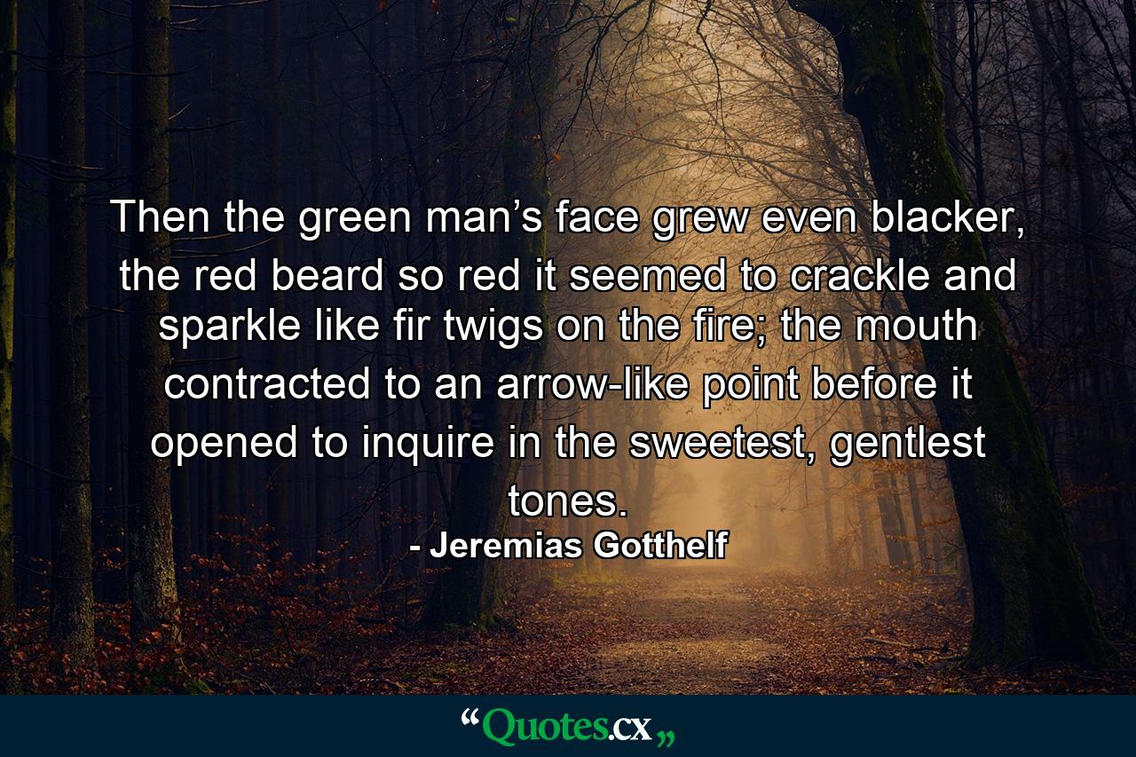 Then the green man’s face grew even blacker, the red beard so red it seemed to crackle and sparkle like fir twigs on the fire; the mouth contracted to an arrow-like point before it opened to inquire in the sweetest, gentlest tones. - Quote by Jeremias Gotthelf