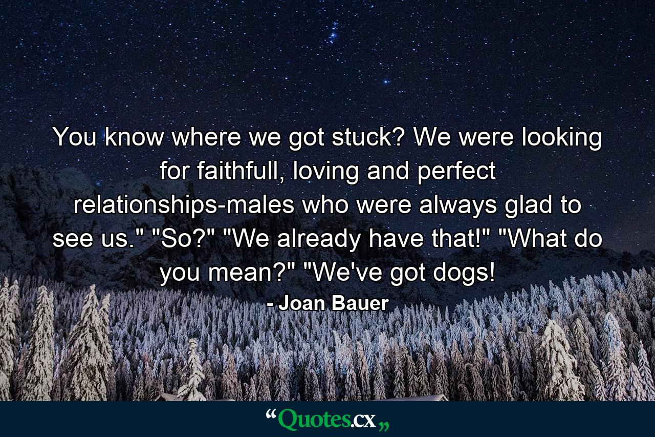 You know where we got stuck? We were looking for faithfull, loving and perfect relationships-males who were always glad to see us.