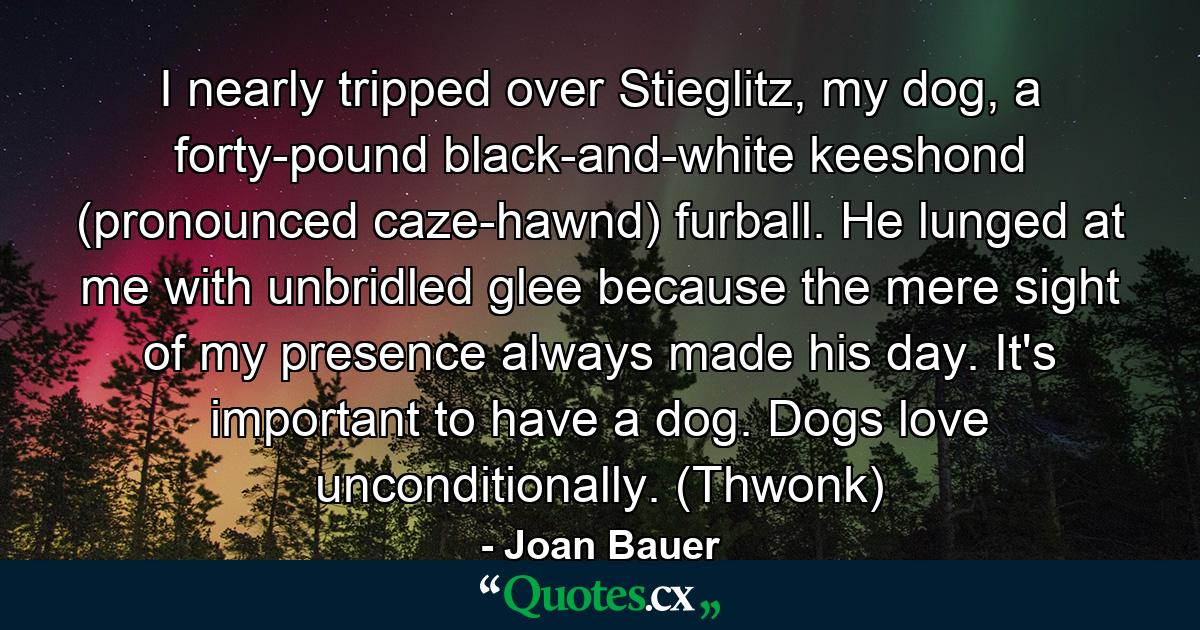 I nearly tripped over Stieglitz, my dog, a forty-pound black-and-white keeshond (pronounced caze-hawnd) furball. He lunged at me with unbridled glee because the mere sight of my presence always made his day. It's important to have a dog. Dogs love unconditionally. (Thwonk) - Quote by Joan Bauer