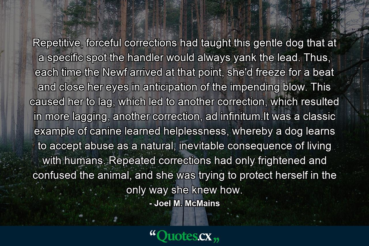 Repetitive, forceful corrections had taught this gentle dog that at a specific spot the handler would always yank the lead. Thus, each time the Newf arrived at that point, she'd freeze for a beat and close her eyes in anticipation of the impending blow. This caused her to lag, which led to another correction, which resulted in more lagging, another correction, ad infinitum.It was a classic example of canine learned helplessness, whereby a dog learns to accept abuse as a natural, inevitable consequence of living with humans. Repeated corrections had only frightened and confused the animal, and she was trying to protect herself in the only way she knew how. - Quote by Joel M. McMains