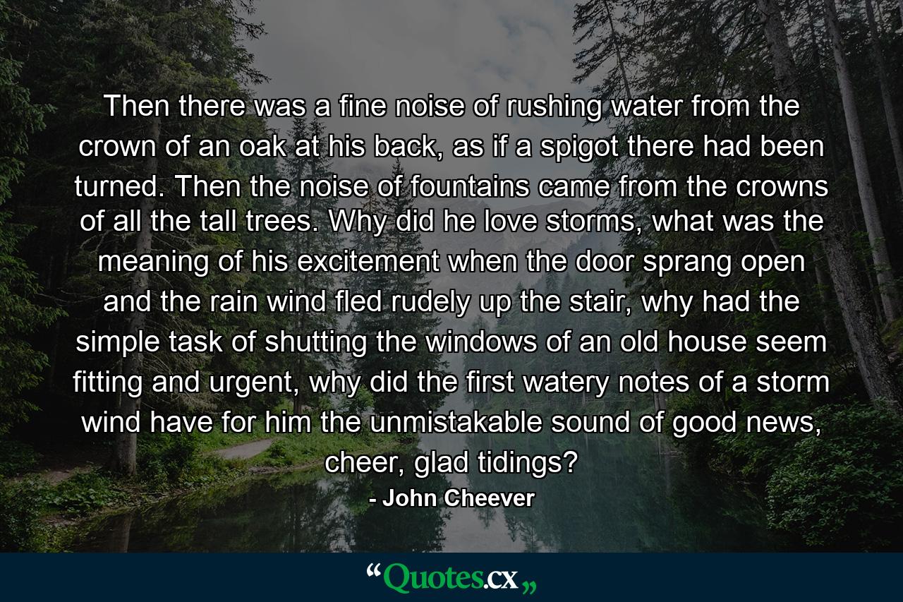 Then there was a fine noise of rushing water from the crown of an oak at his back, as if a spigot there had been turned. Then the noise of fountains came from the crowns of all the tall trees. Why did he love storms, what was the meaning of his excitement when the door sprang open and the rain wind fled rudely up the stair, why had the simple task of shutting the windows of an old house seem fitting and urgent, why did the first watery notes of a storm wind have for him the unmistakable sound of good news, cheer, glad tidings? - Quote by John Cheever