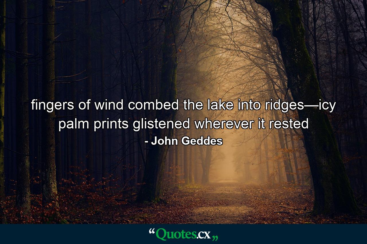 fingers of wind combed the lake into ridges—icy palm prints glistened wherever it rested - Quote by John Geddes