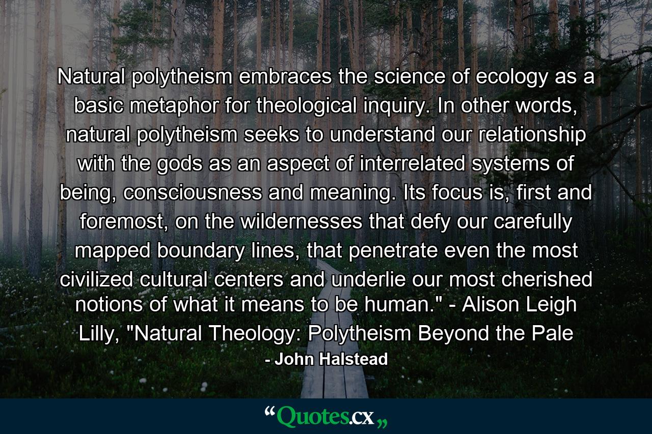 Natural polytheism embraces the science of ecology as a basic metaphor for theological inquiry. In other words, natural polytheism seeks to understand our relationship with the gods as an aspect of interrelated systems of being, consciousness and meaning. Its focus is, first and foremost, on the wildernesses that defy our carefully mapped boundary lines, that penetrate even the most civilized cultural centers and underlie our most cherished notions of what it means to be human.