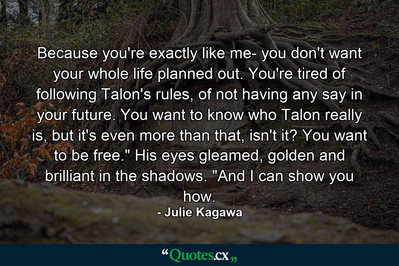 Because you're exactly like me- you don't want your whole life planned out. You're tired of following Talon's rules, of not having any say in your future. You want to know who Talon really is, but it's even more than that, isn't it? You want to be free.