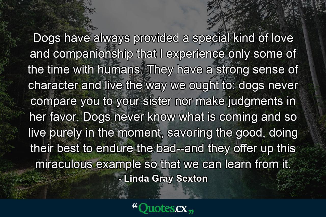 Dogs have always provided a special kind of love and companionship that I experience only some of the time with humans. They have a strong sense of character and live the way we ought to: dogs never compare you to your sister nor make judgments in her favor. Dogs never know what is coming and so live purely in the moment, savoring the good, doing their best to endure the bad--and they offer up this miraculous example so that we can learn from it. - Quote by Linda Gray Sexton