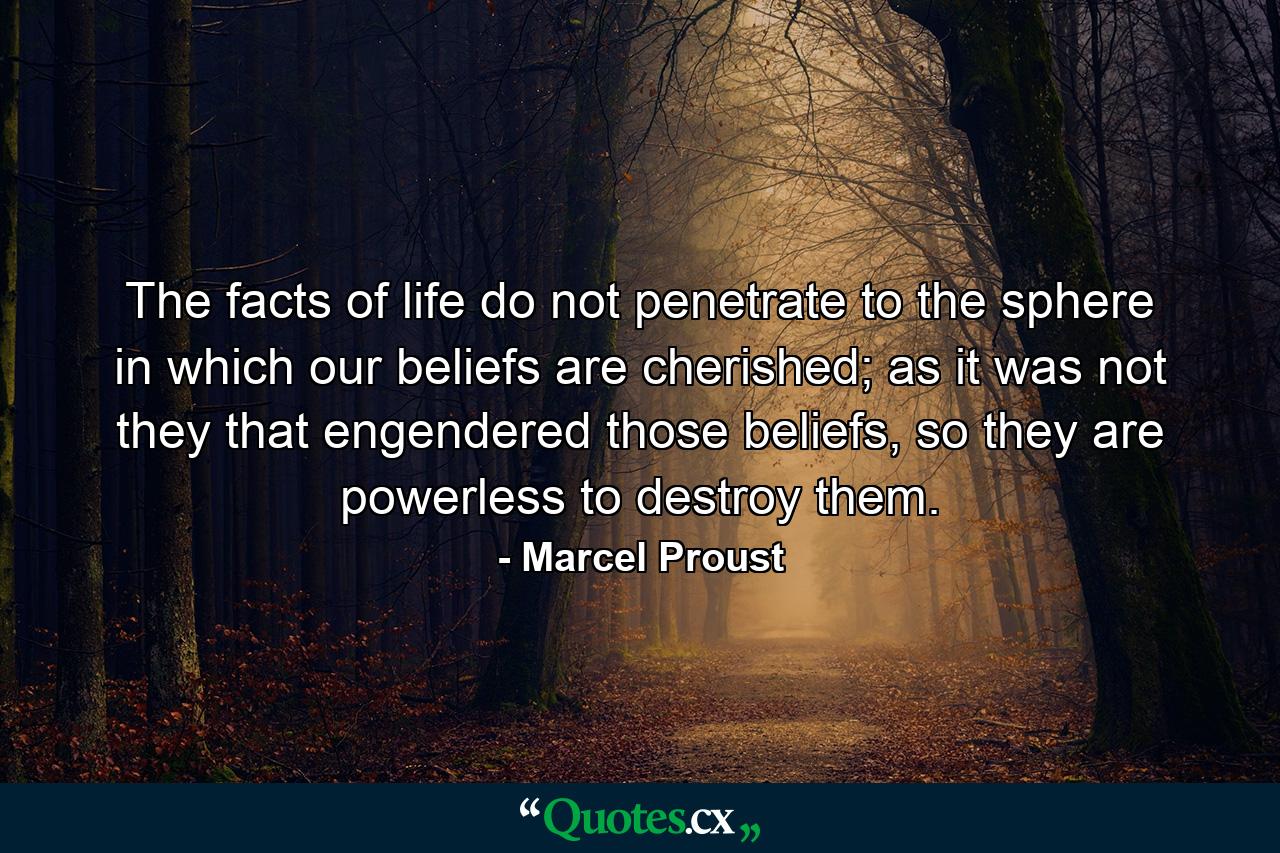 The facts of life do not penetrate to the sphere in which our beliefs are cherished; as it was not they that engendered those beliefs, so they are powerless to destroy them. - Quote by Marcel Proust