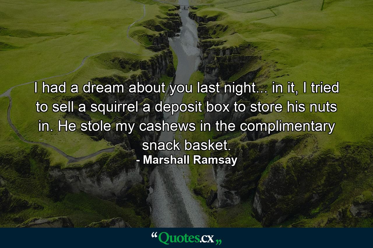 I had a dream about you last night... in it, I tried to sell a squirrel a deposit box to store his nuts in. He stole my cashews in the complimentary snack basket. - Quote by Marshall Ramsay