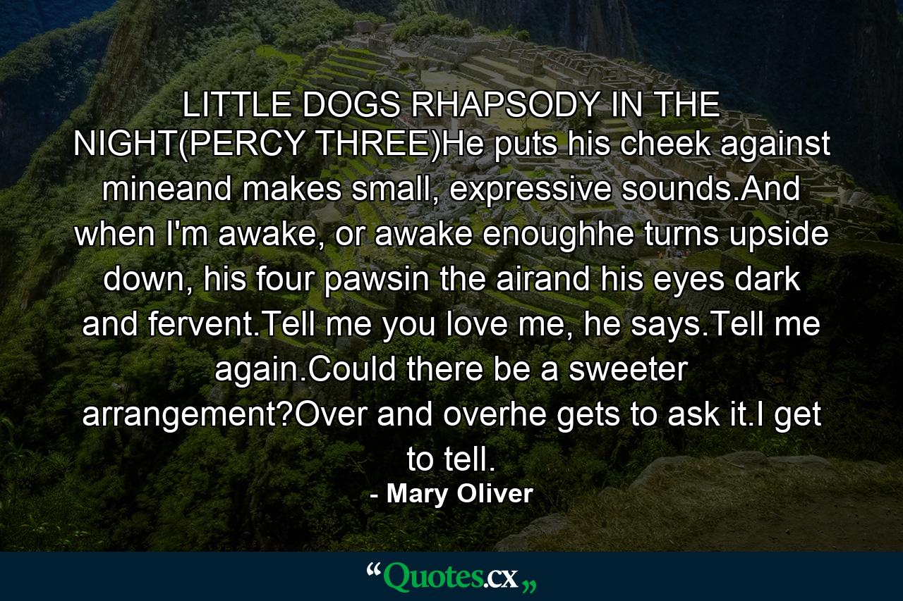 LITTLE DOGS RHAPSODY IN THE NIGHT(PERCY THREE)He puts his cheek against mineand makes small, expressive sounds.And when I'm awake, or awake enoughhe turns upside down, his four pawsin the airand his eyes dark and fervent.Tell me you love me, he says.Tell me again.Could there be a sweeter arrangement?Over and overhe gets to ask it.I get to tell. - Quote by Mary Oliver