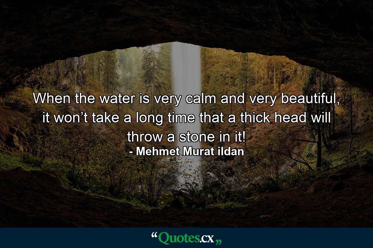 When the water is very calm and very beautiful, it won’t take a long time that a thick head will throw a stone in it! - Quote by Mehmet Murat ildan