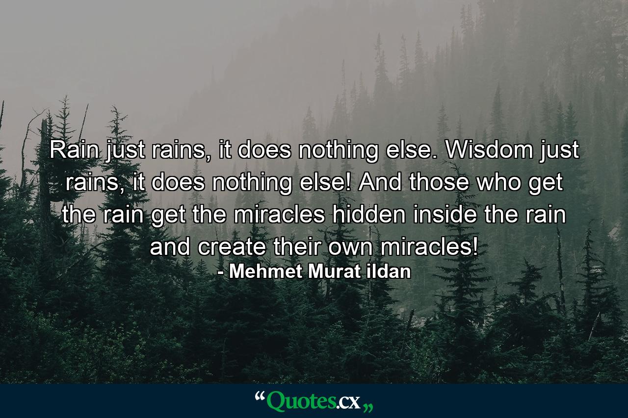 Rain just rains, it does nothing else. Wisdom just rains, it does nothing else! And those who get the rain get the miracles hidden inside the rain and create their own miracles! - Quote by Mehmet Murat ildan