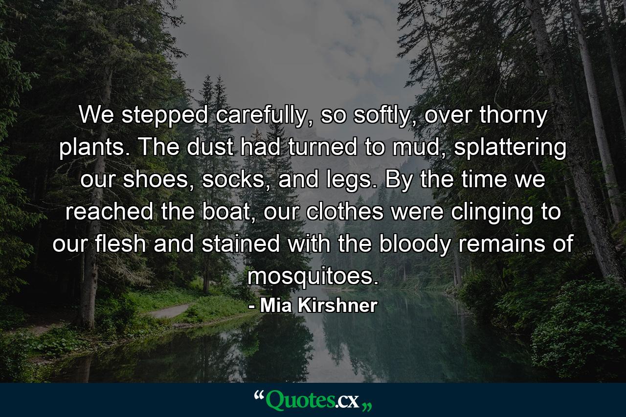 We stepped carefully, so softly, over thorny plants. The dust had turned to mud, splattering our shoes, socks, and legs. By the time we reached the boat, our clothes were clinging to our flesh and stained with the bloody remains of mosquitoes. - Quote by Mia Kirshner