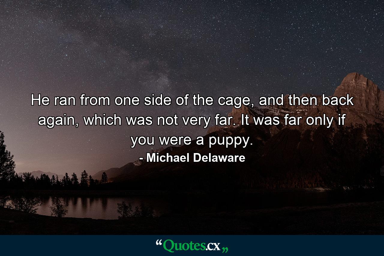 He ran from one side of the cage, and then back again, which was not very far. It was far only if you were a puppy. - Quote by Michael Delaware