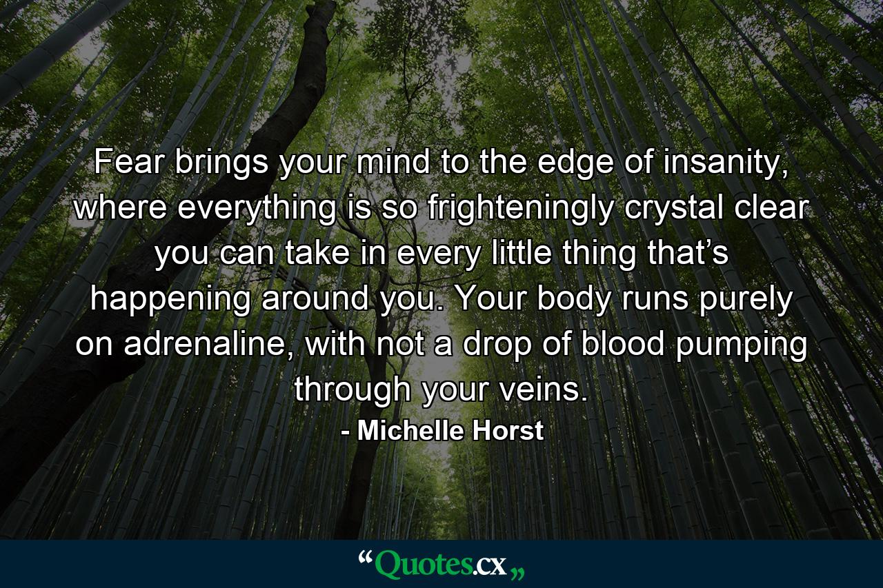 Fear brings your mind to the edge of insanity, where everything is so frighteningly crystal clear you can take in every little thing that’s happening around you. Your body runs purely on adrenaline, with not a drop of blood pumping through your veins. - Quote by Michelle Horst