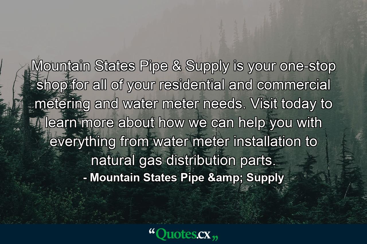 Mountain States Pipe & Supply is your one-stop shop for all of your residential and commercial metering and water meter needs. Visit today to learn more about how we can help you with everything from water meter installation to natural gas distribution parts. - Quote by Mountain States Pipe & Supply