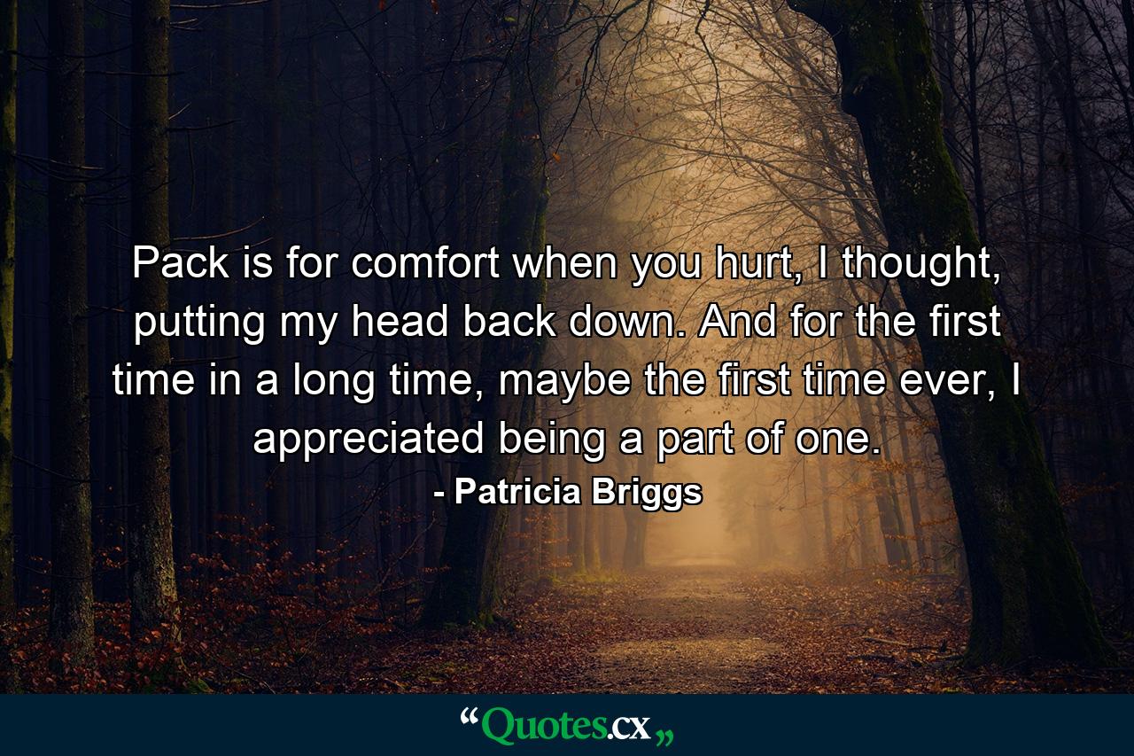 Pack is for comfort when you hurt, I thought, putting my head back down. And for the first time in a long time, maybe the first time ever, I appreciated being a part of one. - Quote by Patricia Briggs