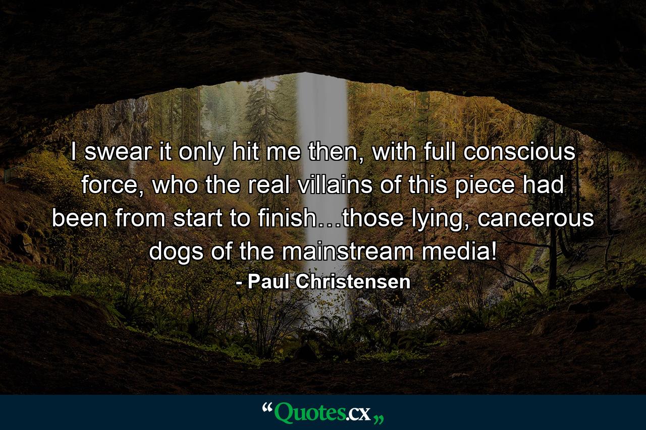 I swear it only hit me then, with full conscious force, who the real villains of this piece had been from start to finish…those lying, cancerous dogs of the mainstream media! - Quote by Paul Christensen