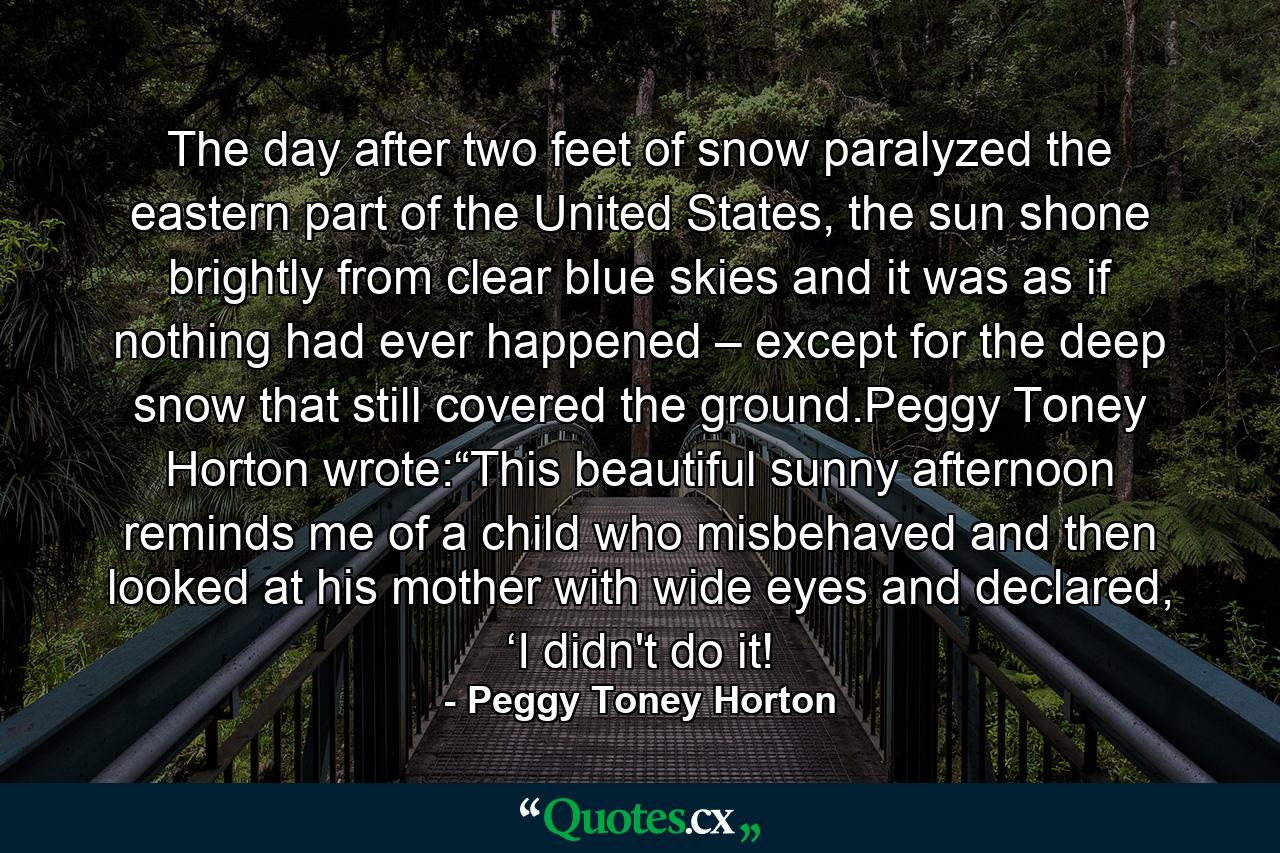 The day after two feet of snow paralyzed the eastern part of the United States, the sun shone brightly from clear blue skies and it was as if nothing had ever happened – except for the deep snow that still covered the ground.Peggy Toney Horton wrote:“This beautiful sunny afternoon reminds me of a child who misbehaved and then looked at his mother with wide eyes and declared, ‘I didn't do it! - Quote by Peggy Toney Horton